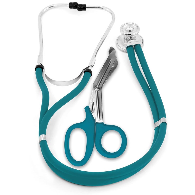 ASA Techmed ستيثوسكوب سبراجي مزدوج الأنبوب للبالغين والأطفال + مقص EMT متطابق، مثالي لموظفي الطوارئ، الممرضين، الأطباء، طلاب الطب، المسعفين، والمستجيبين الأوائل (أخضر مائل إلى الأزرق) - Image 1